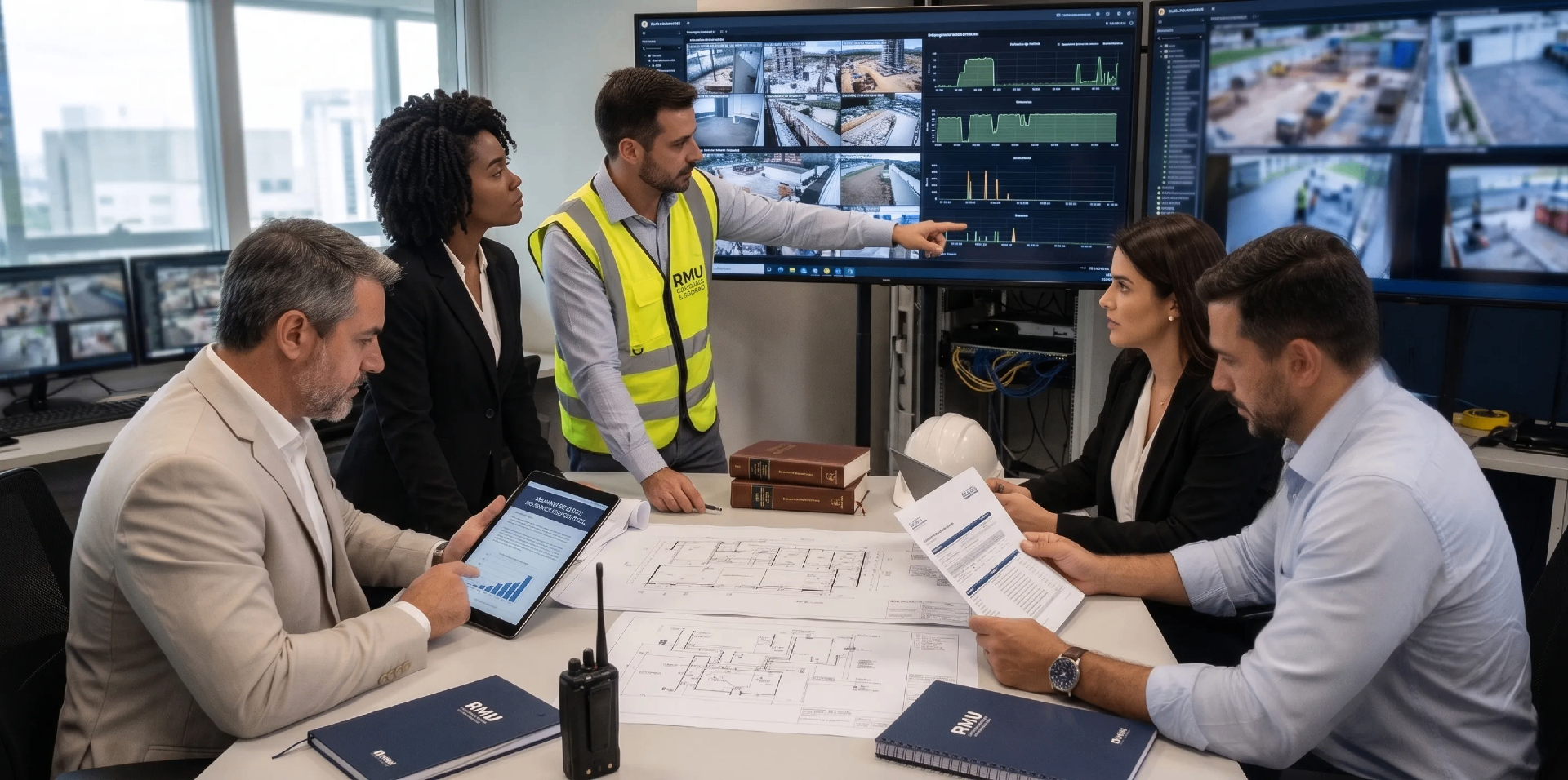 Sócios da RMU revisando projetos em reunião